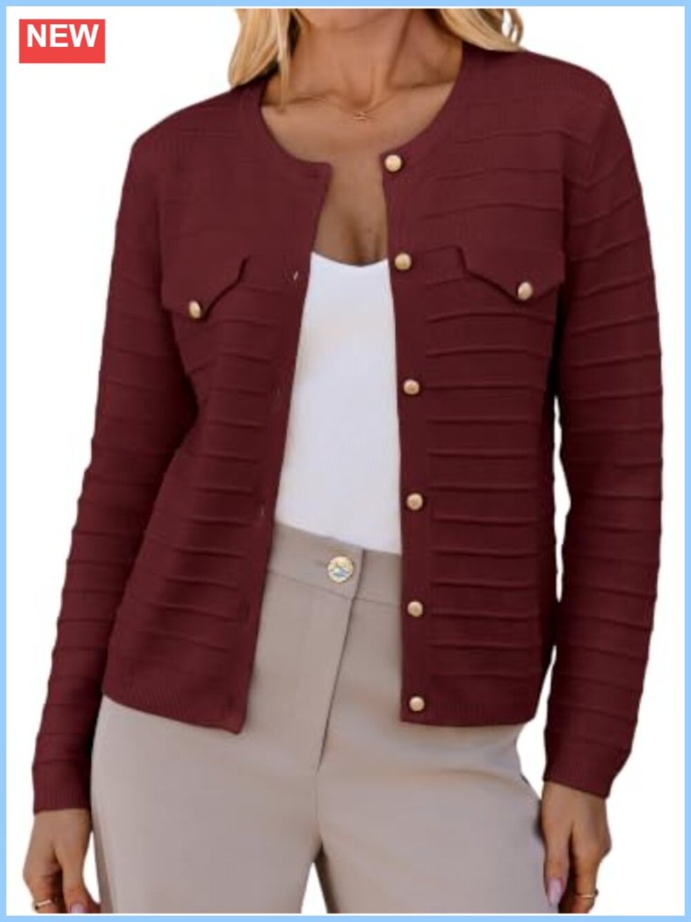 Womens Textured Knit Cardigan Gold Button Crewneck Sweater